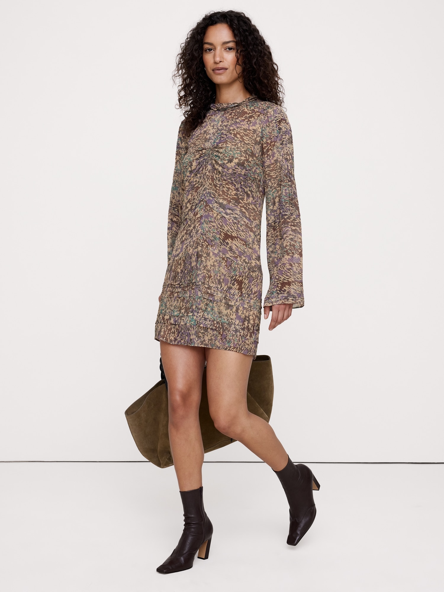 Georgette Ruffle-Neck Mini Dress
