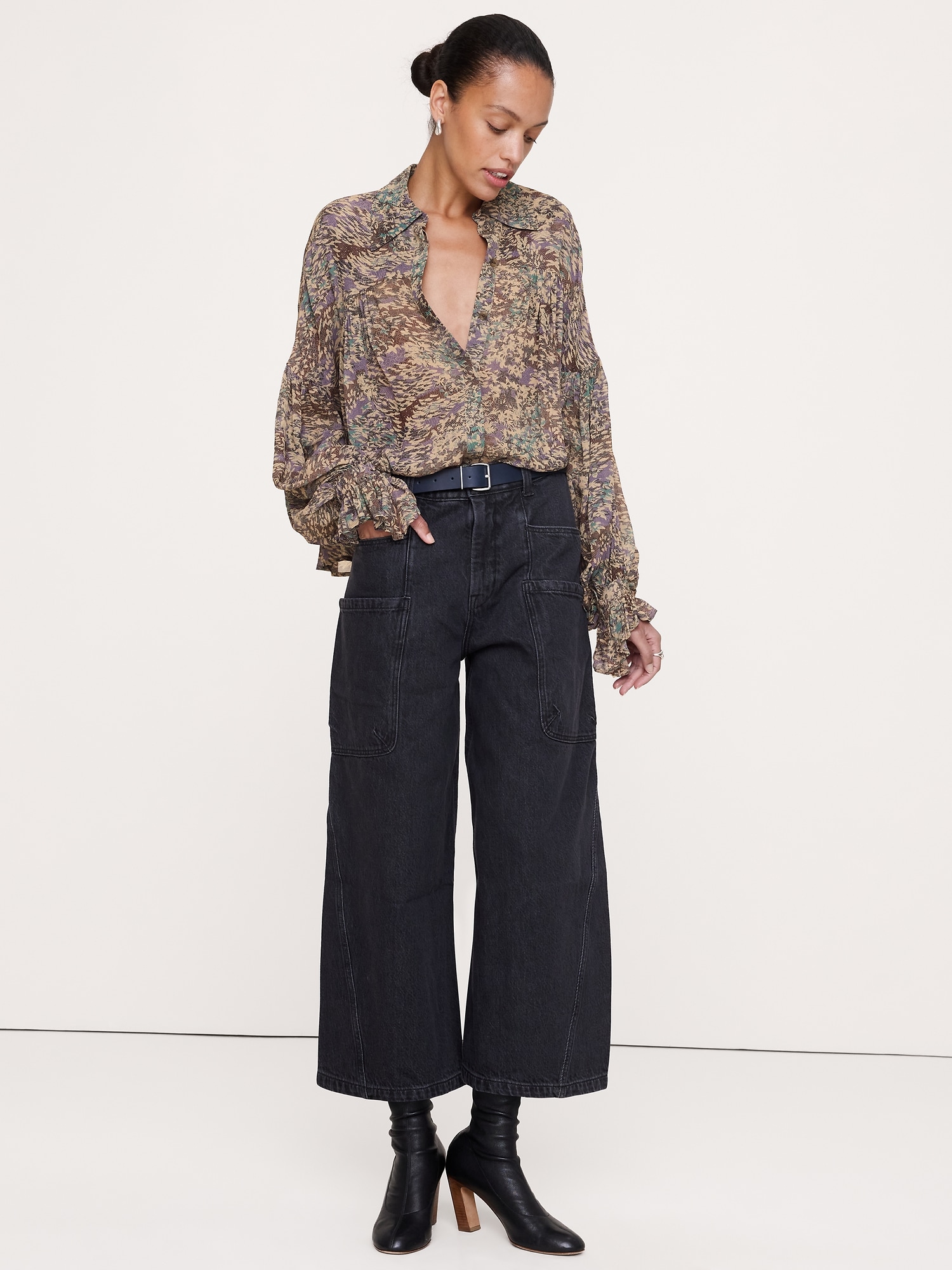 Viscose Balloon-Sleeve Blouse