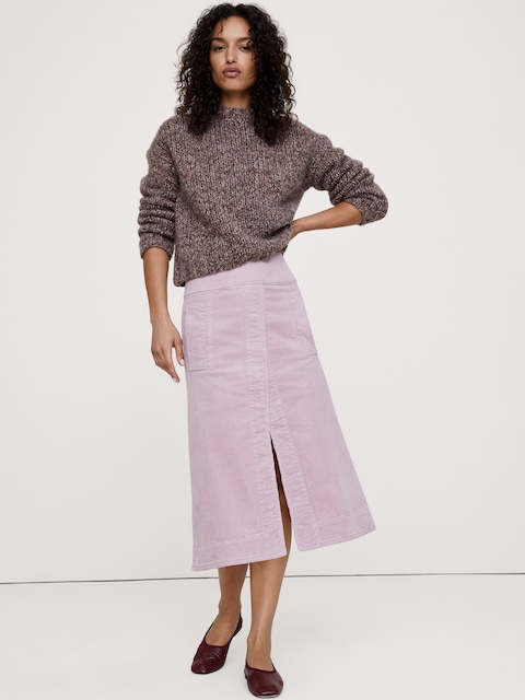 Corduroy Asymmetrical-Slit Midi Skirt