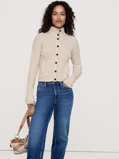 CARDIGAN À COL CHEMINÉE EN LAINE MÉRINOS ET COTON