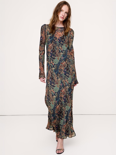 ROBE LONGUE EN MOUSSELINE COUPÉE EN BIAIS