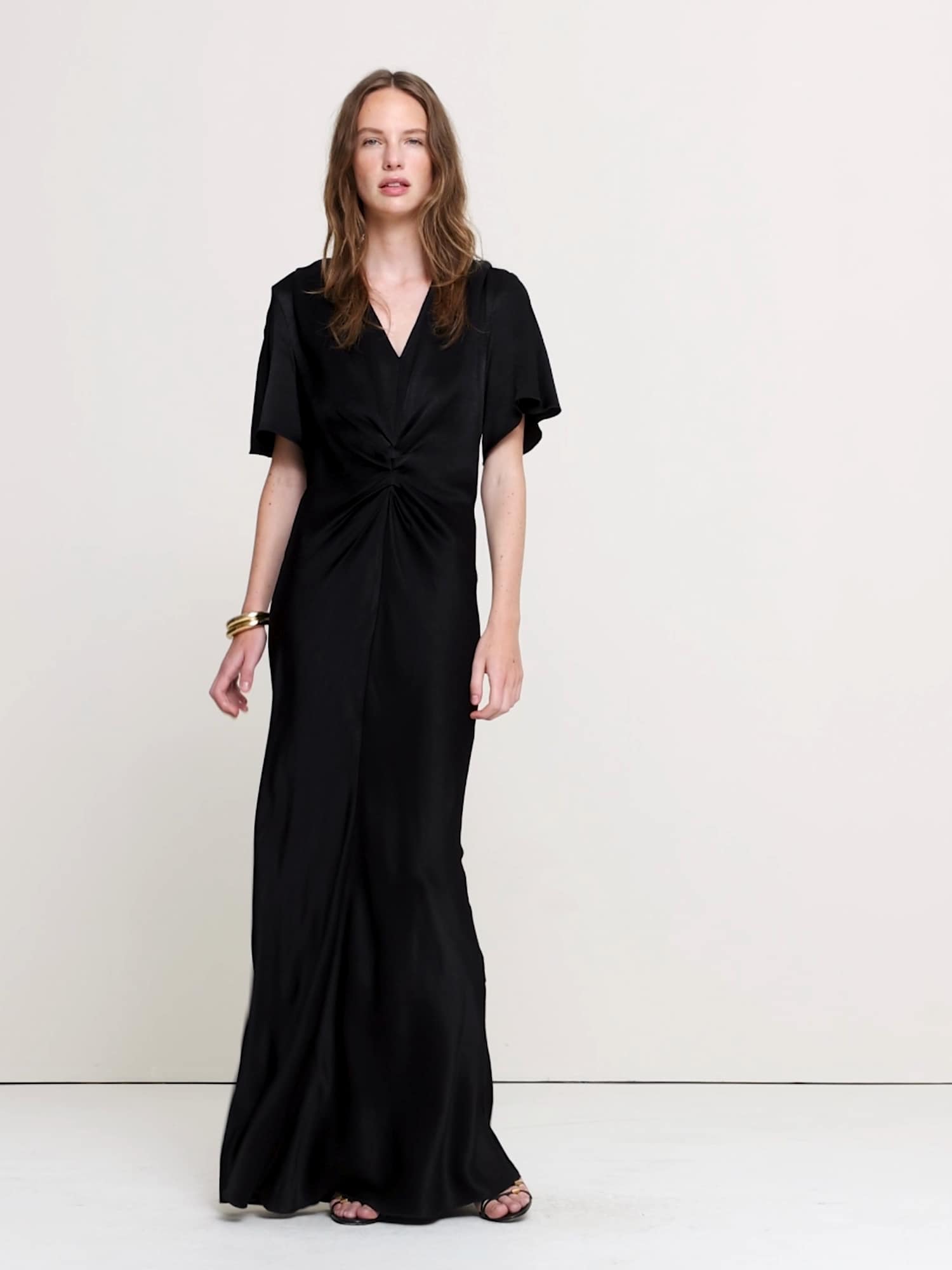Hammered Satin Flutter-Sleeve Dress