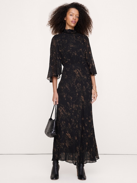 ROBE MI-LONGUE À MANCHERONS FLOTTANTS EN CRÊPE GEORGETTE