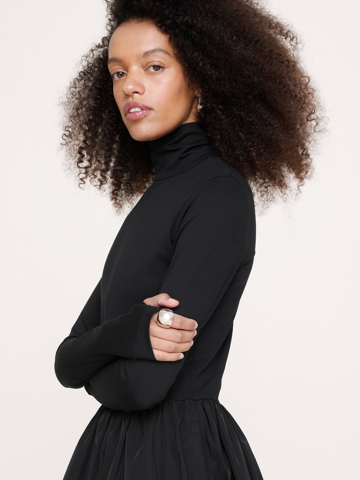 Jersey + Taffeta Turtleneck Maxi Dress