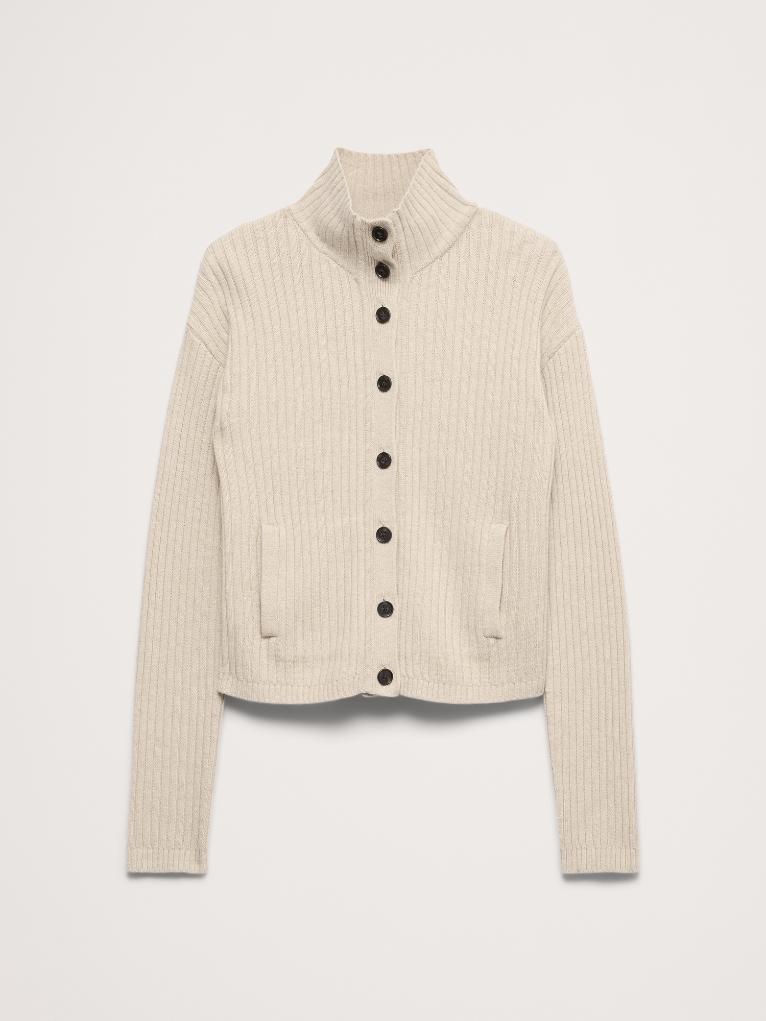 Merino-Cotton Mock Neck Cardigan