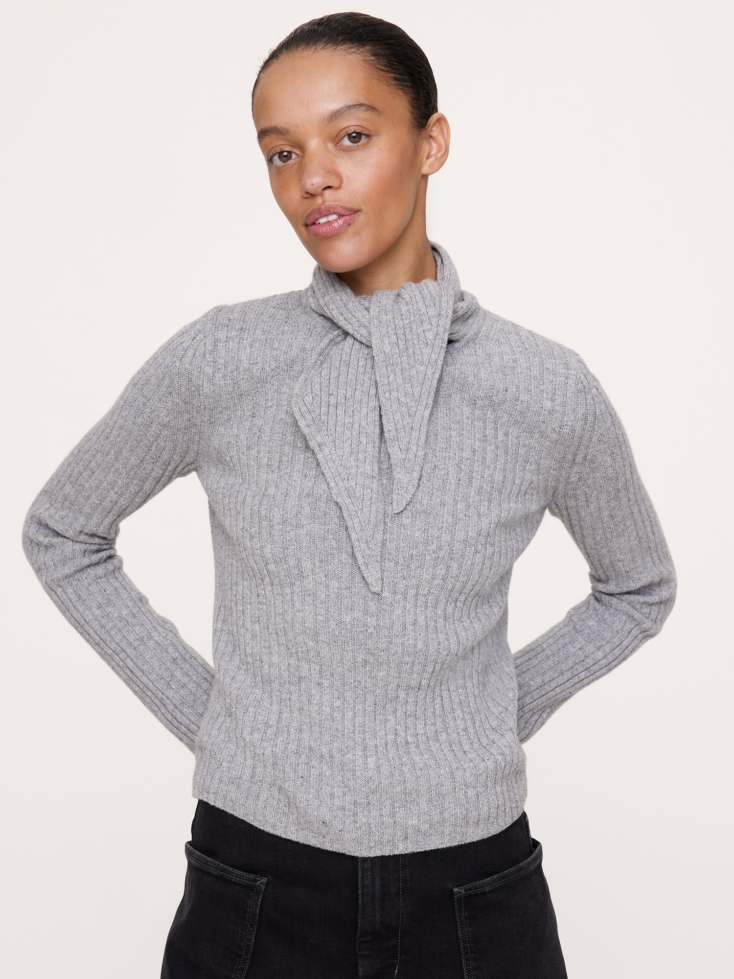 Merino-Cotton Tie-Neck Sweater