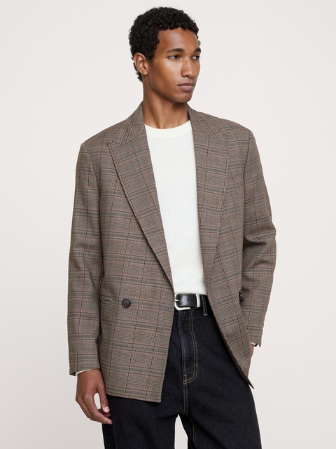 VESTE DE COMPLET DÉCONTRACTÉE CROISÉE EN TISSU ITALIEN À CARREAUX PRINCE-DE-GALLES