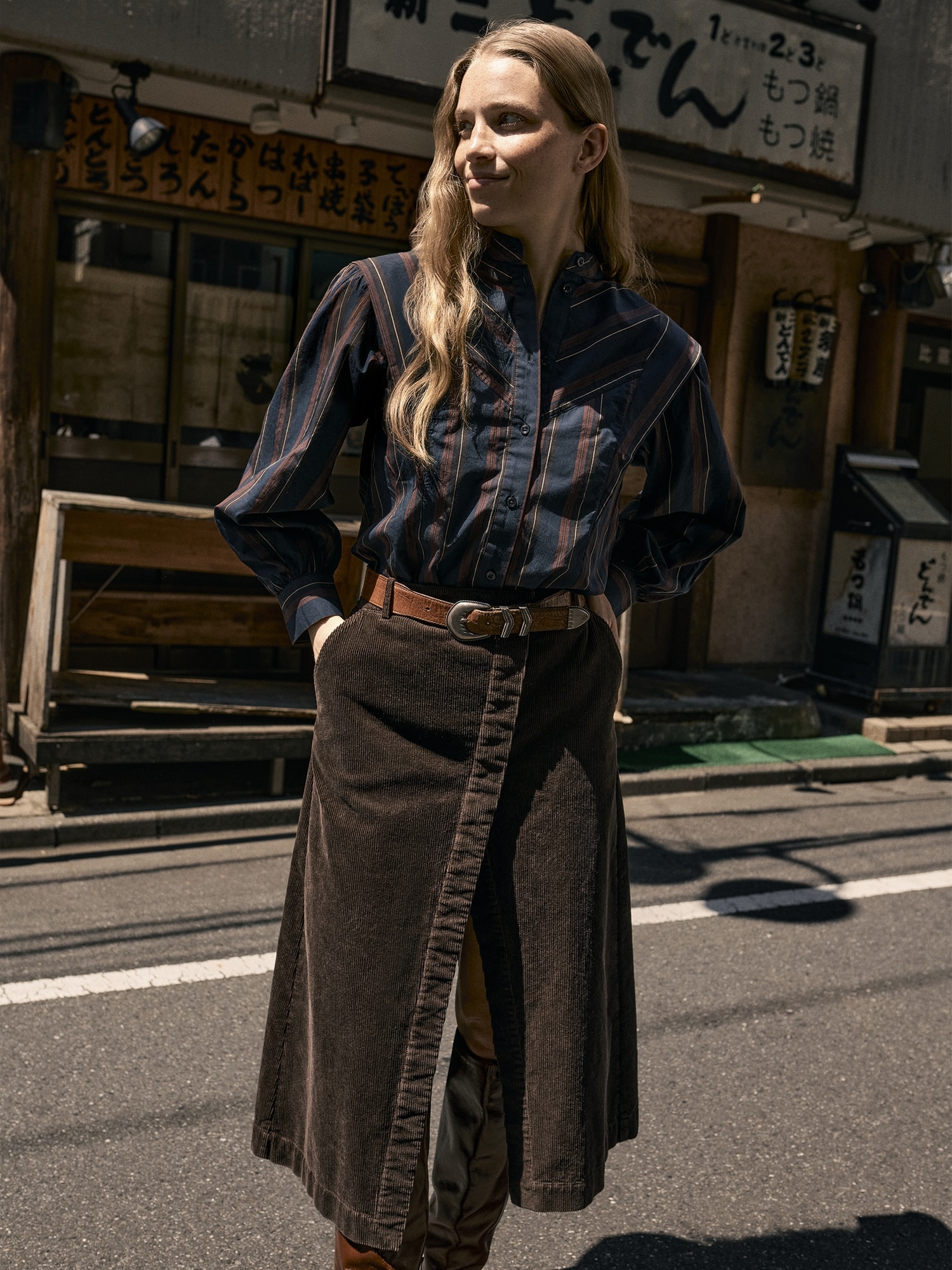 Corduroy Asymmetrical-Slit Midi Skirt