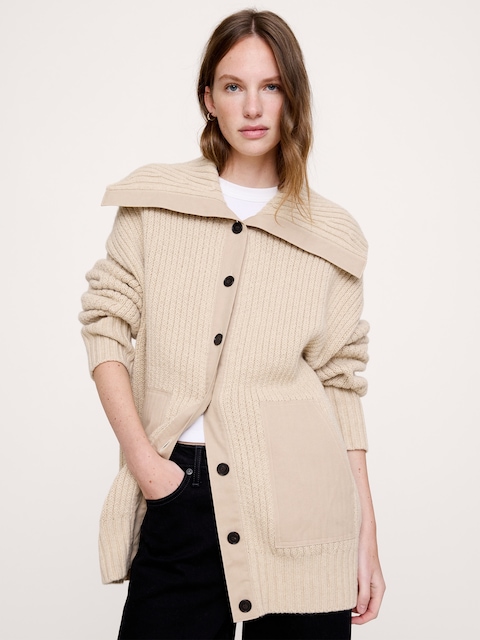 CARDIGAN DE MARIN SURDIMENSIONNÉ EN LAINE MÉRINOS ET COTON
