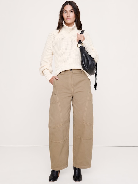 PANTALON COUPE BARIL À TAILLE HAUTE EN LIN ET COTON