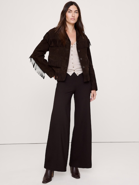 PANTALON À TAILLE HAUTE EXTENSIBLE ET JAMBE LARGE TOUT-ALLER EN TRICOT POINT DE ROME
