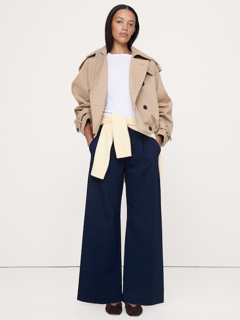 PANTALON À TAILLE HAUTE ÉLASTIQUE, JAMBE LARGE, EN TRICOT POINT DE ROME FLUIDE