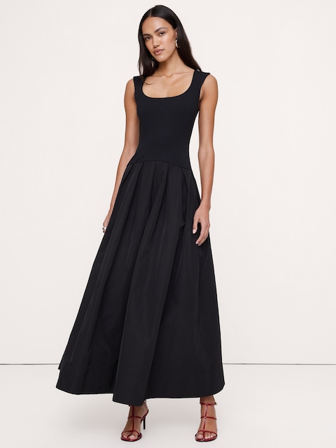 ROBE LONGUE TAILLE BASSE EN JERSEY ET TAFFETAS