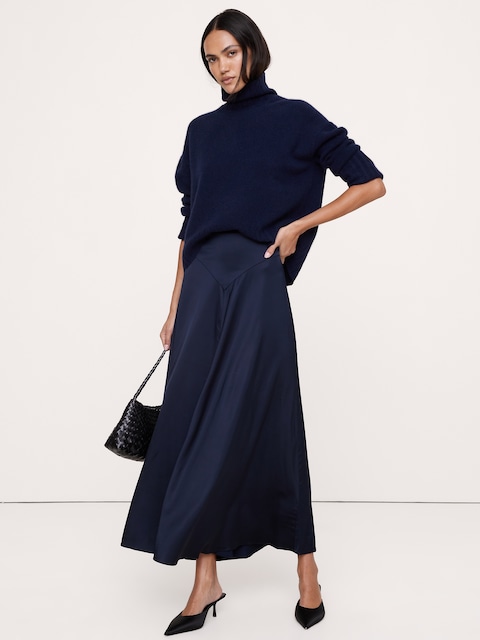 JUPE LONGUE TAILLE À BASQUE EN SATIN EXTENSIBLE