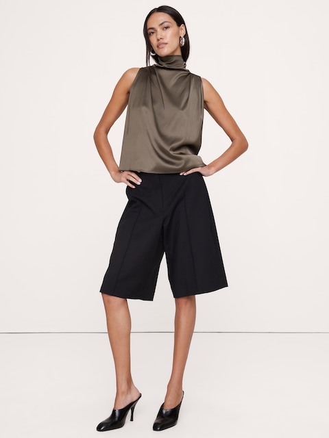 HAUT À COL CRAVATE EN SATIN EXTENSIBLE
