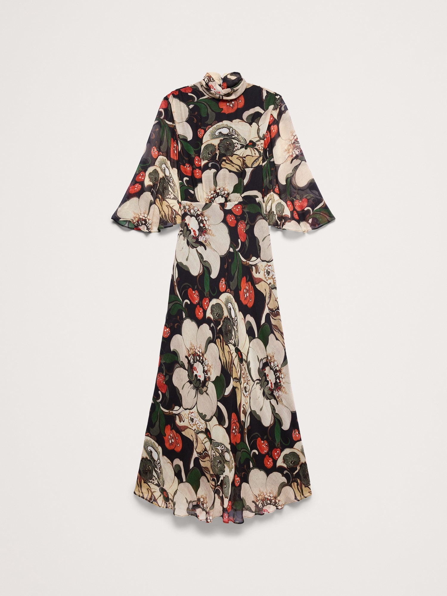 Georgette Flutter Cape-Sleeve Midi Dress