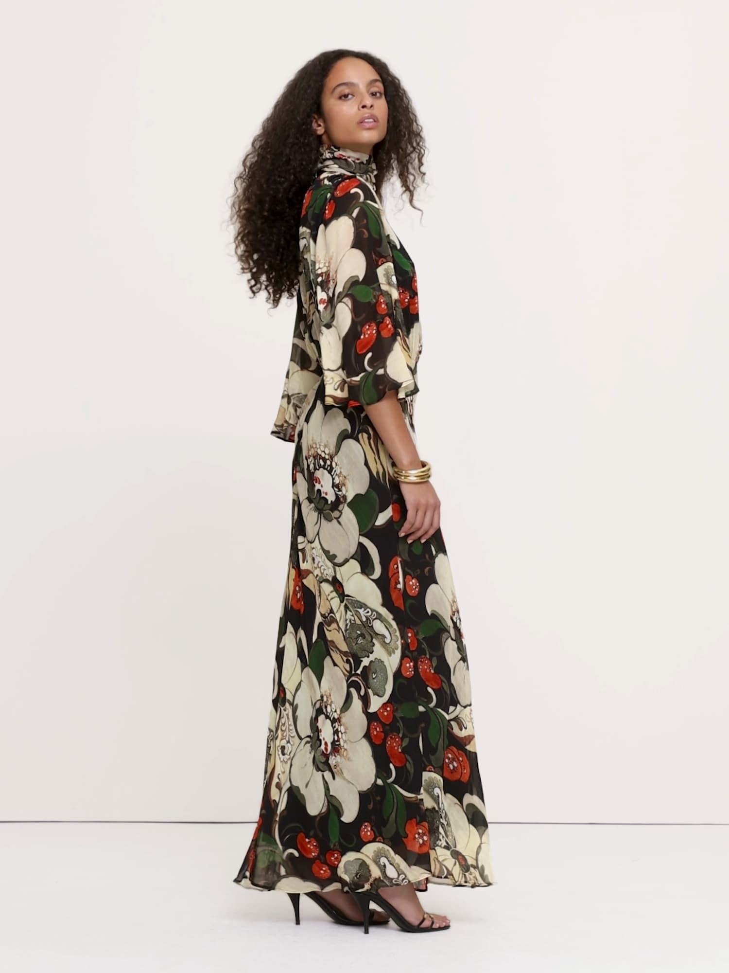 Georgette Flutter Cape-Sleeve Midi Dress