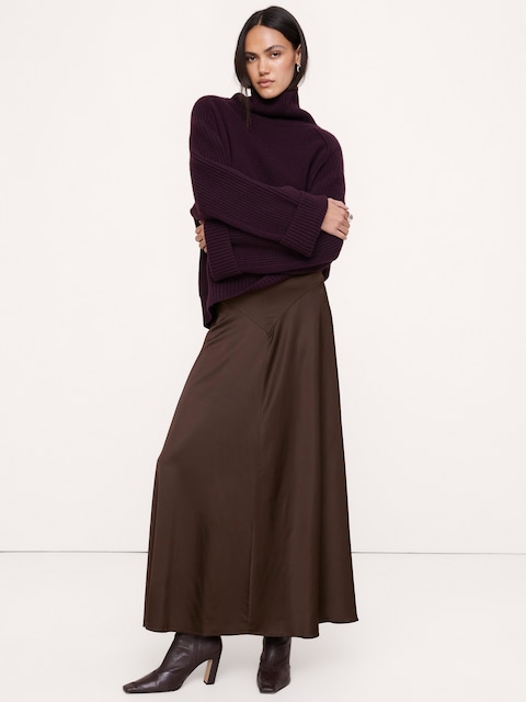 JUPE LONGUE TAILLE À BASQUE EN SATIN EXTENSIBLE