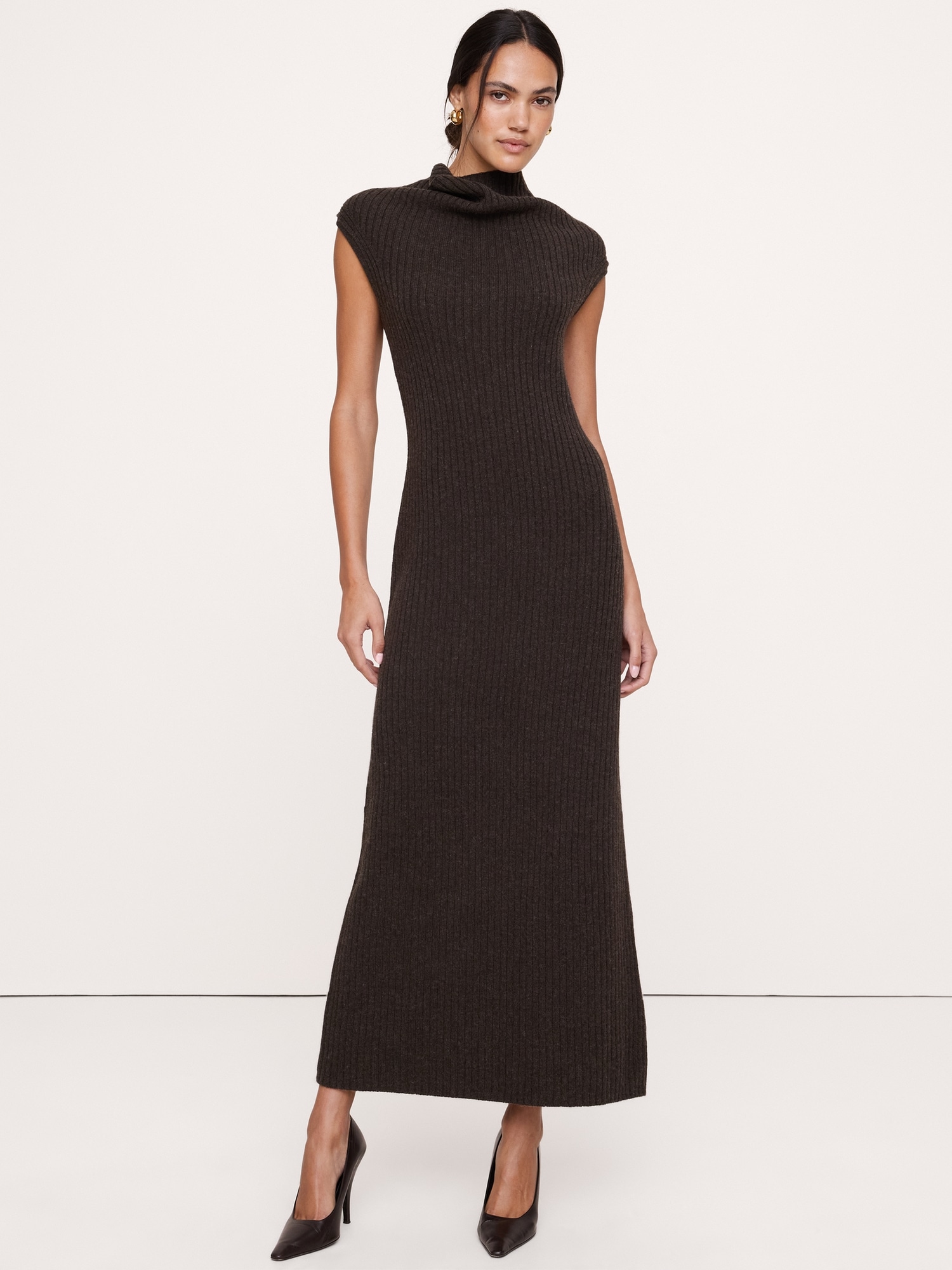 Merino-Cotton Drape-Neck Midi Sweater Dress