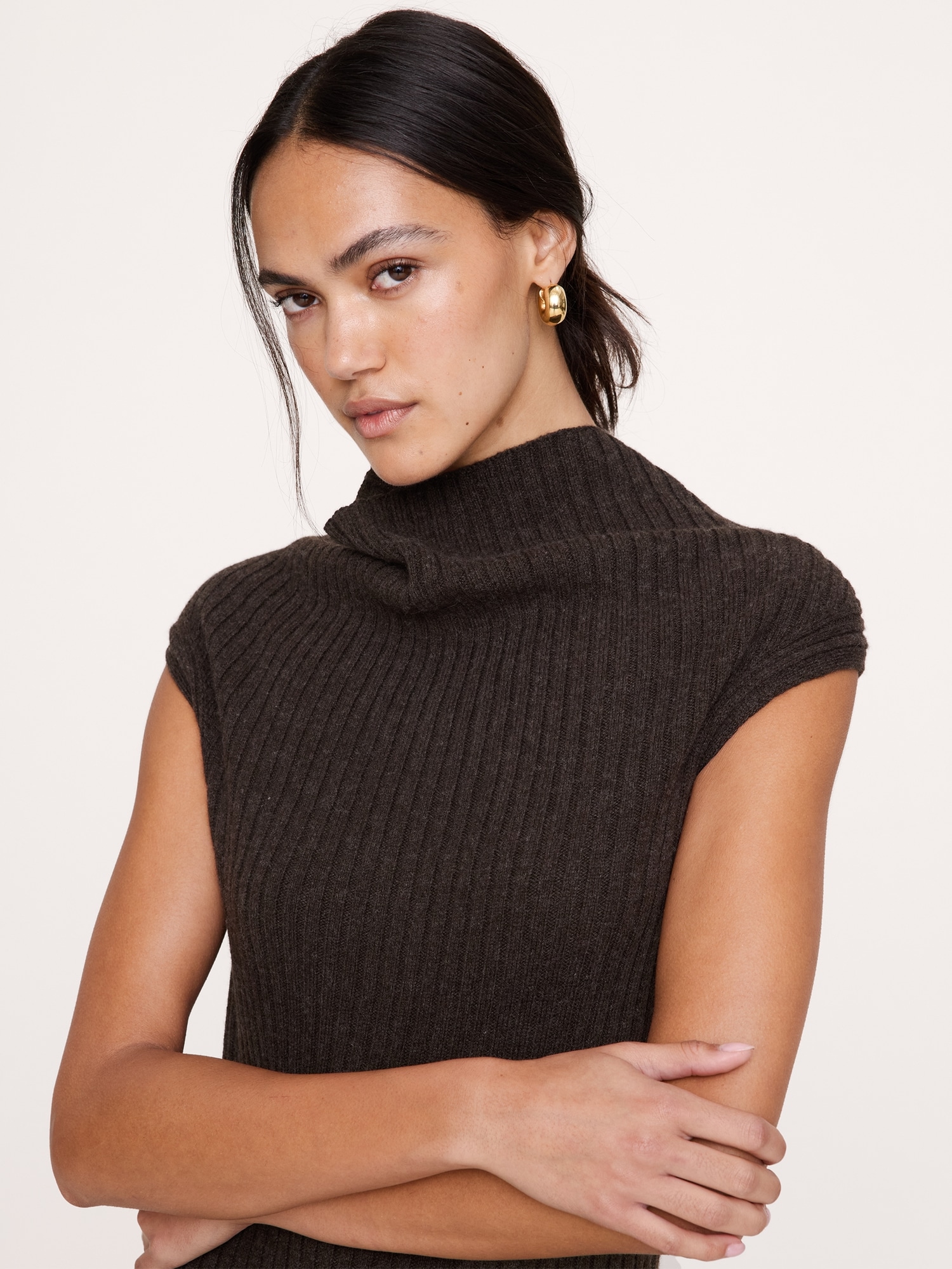 Merino-Cotton Drape-Neck Midi Sweater Dress
