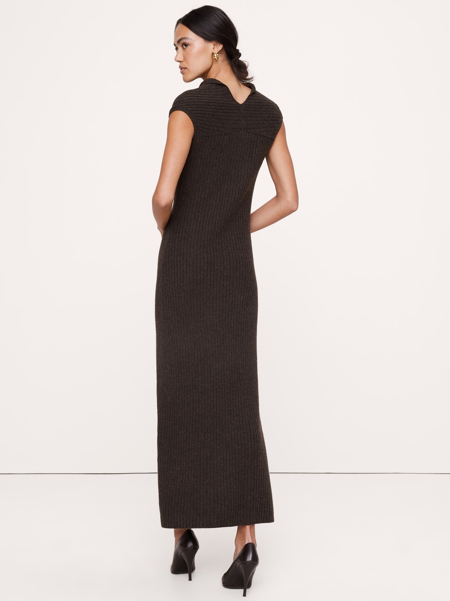 Merino-Cotton Drape-Neck Midi Sweater Dress