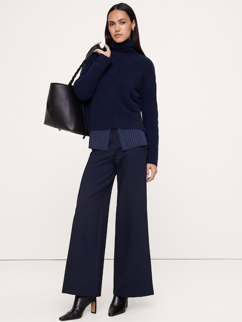PANTALON À TAILLE HAUTE EXTENSIBLE ET JAMBE LARGE TOUT-ALLER EN TRICOT POINT DE ROME