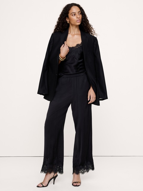 PANTALON À TAILLE ÉLASTIQUE EN SATIN EXTENSIBLE AVEC BORDURE EN DENTELLE