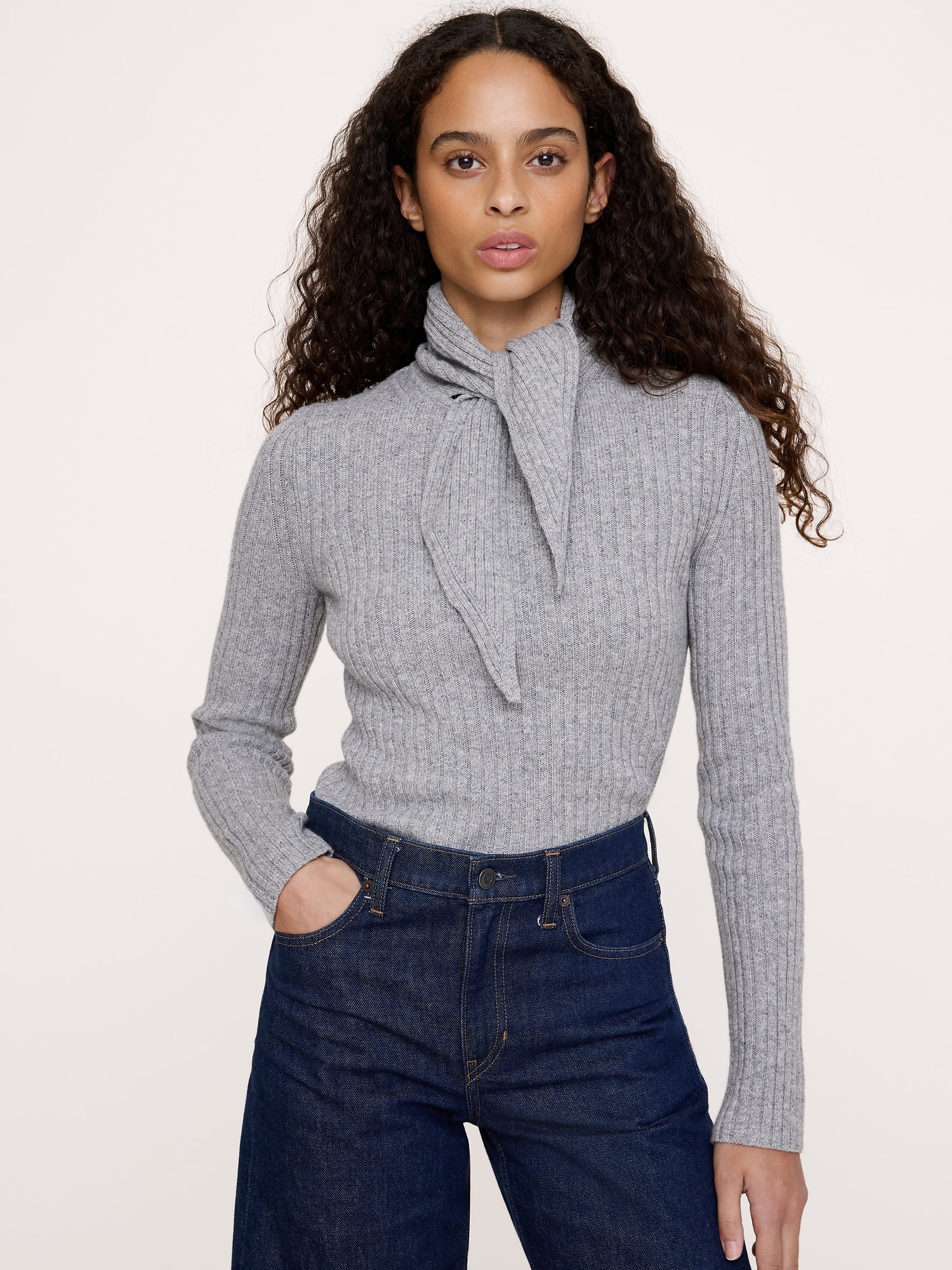 Merino-Cotton Tie-Neck Sweater