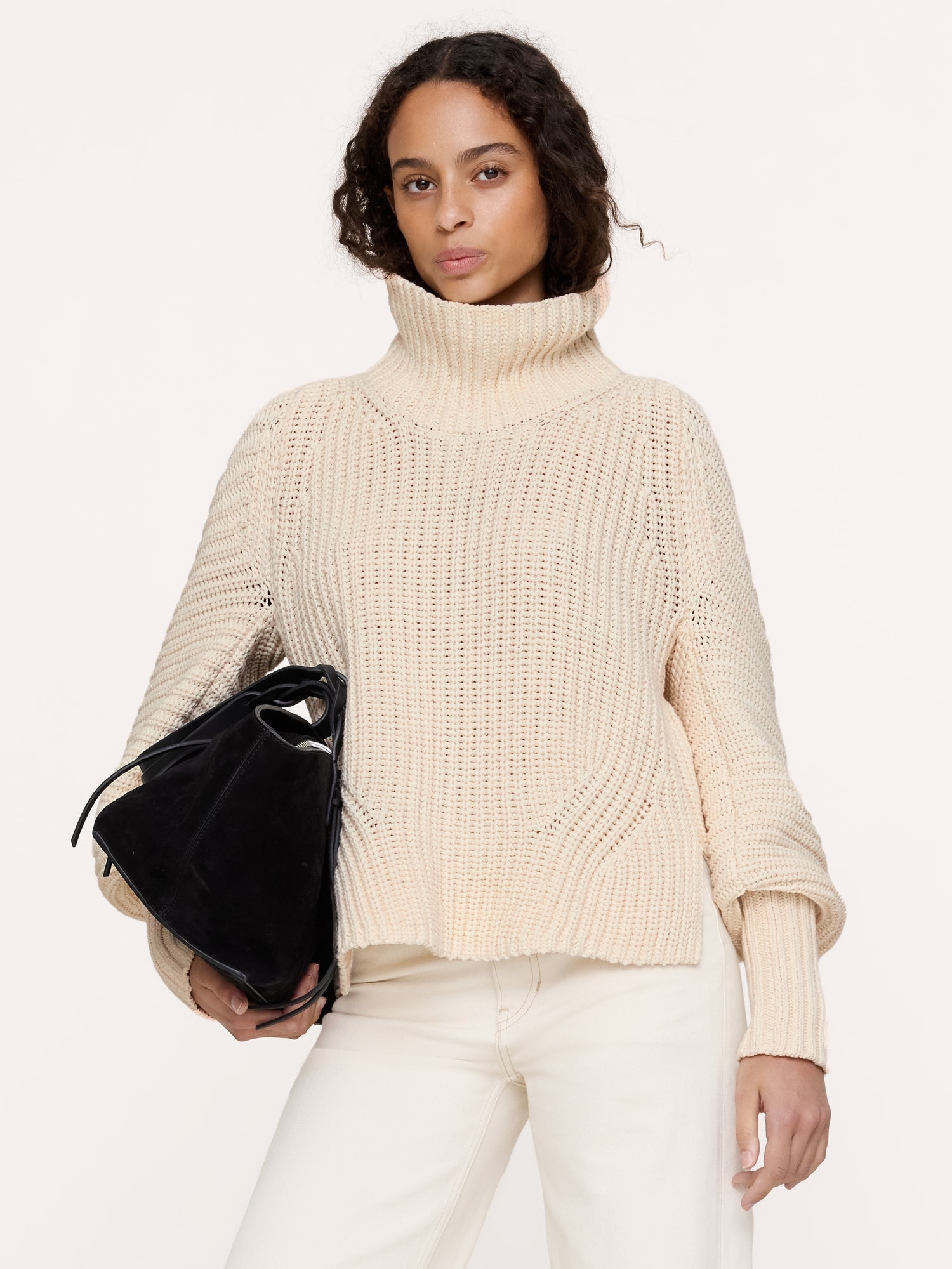 Chunky Cotton Funnel-Neck Sweater