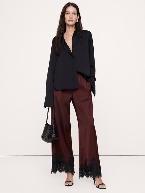 PANTALON À TAILLE ÉLASTIQUE EN SATIN EXTENSIBLE AVEC BORDURE EN DENTELLE