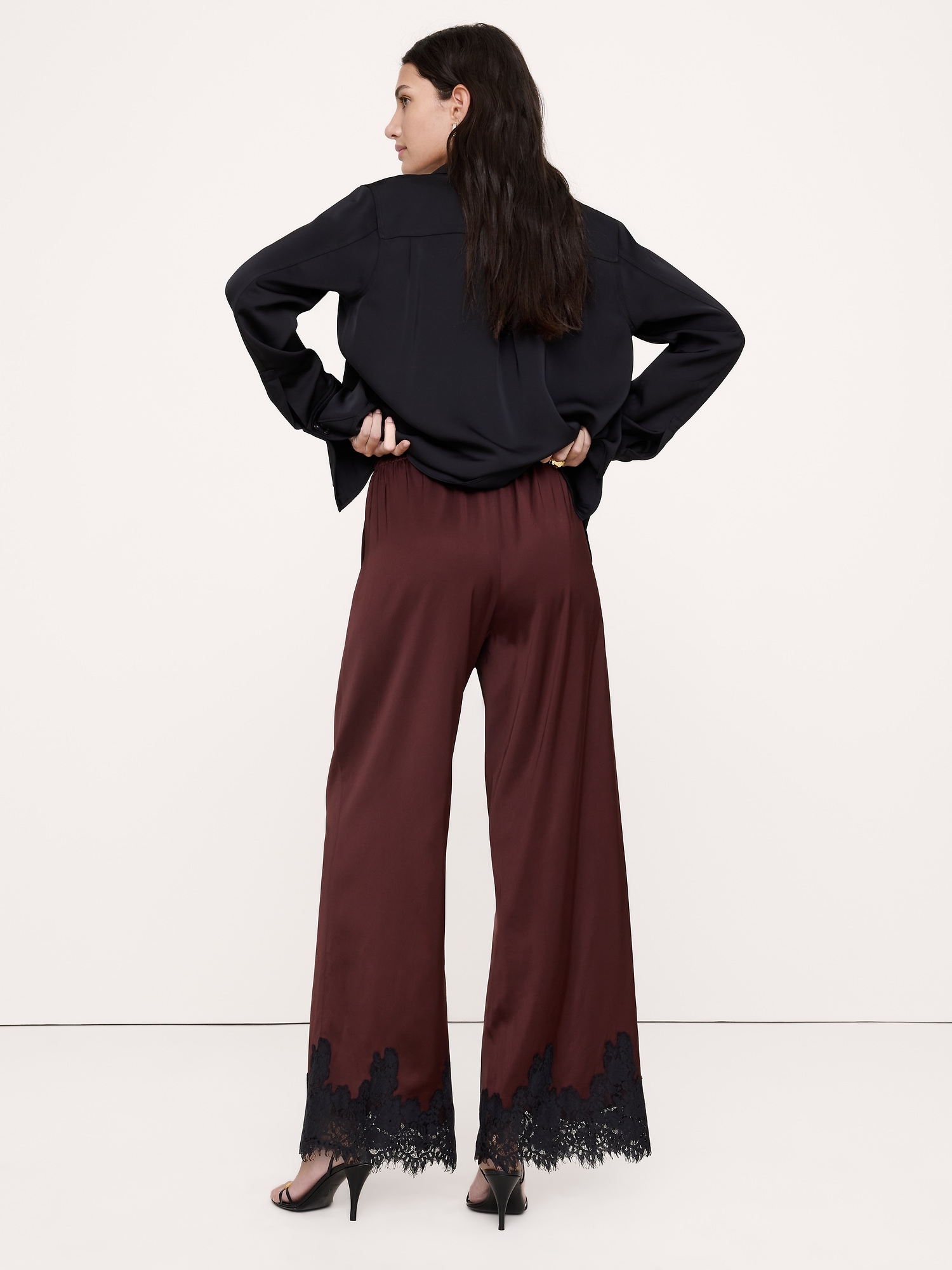 Stretch-Satin Lace-Trim Pull-On Pant