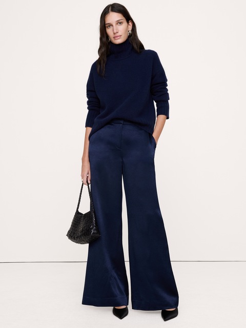 PANTALON EN SATIN TEXTURÉ À JAMBE LARGE ET TAILLE HAUTE
