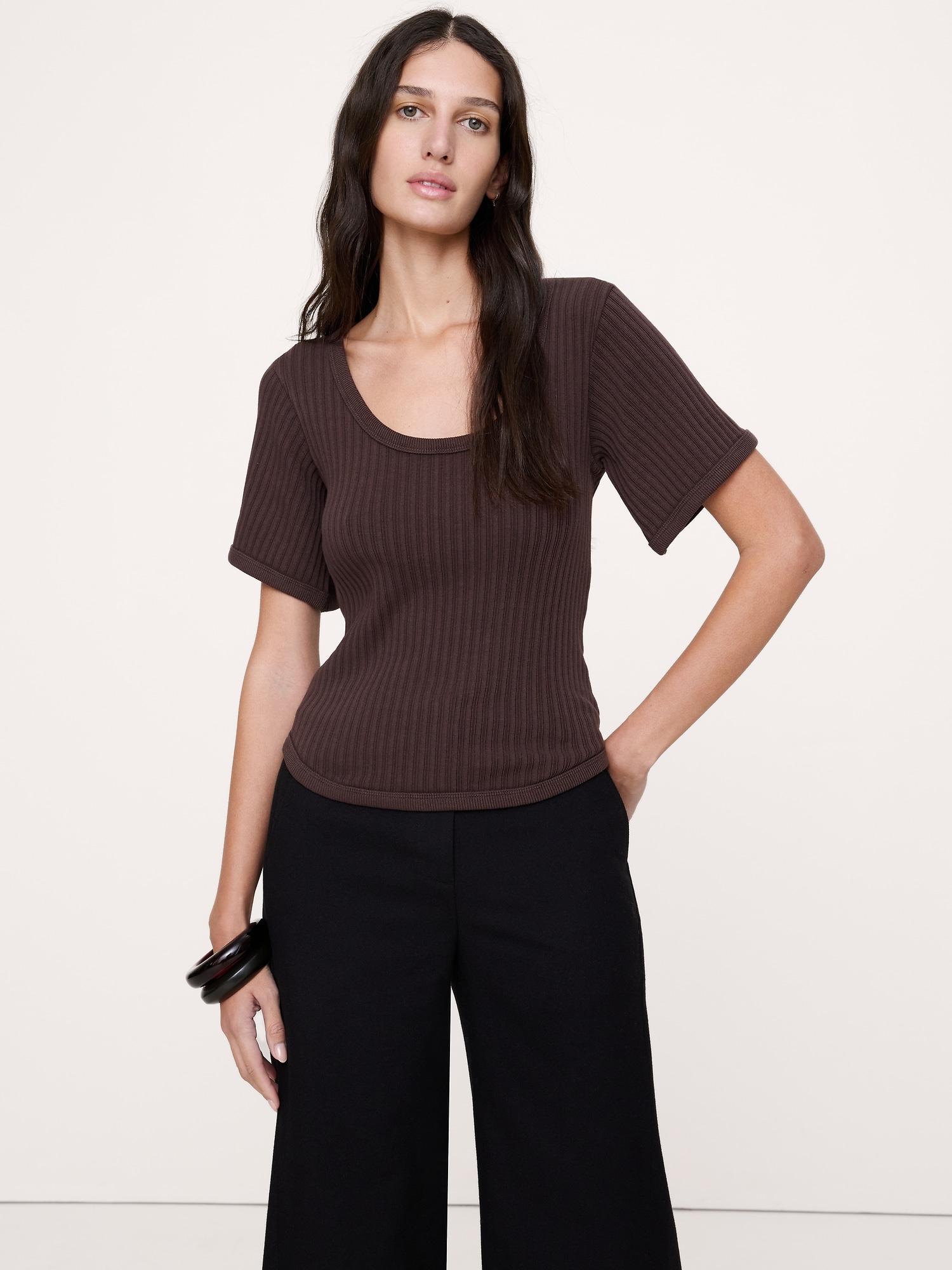 Ribbed Stretch-Cotton Scoop-Neck T-Shirt