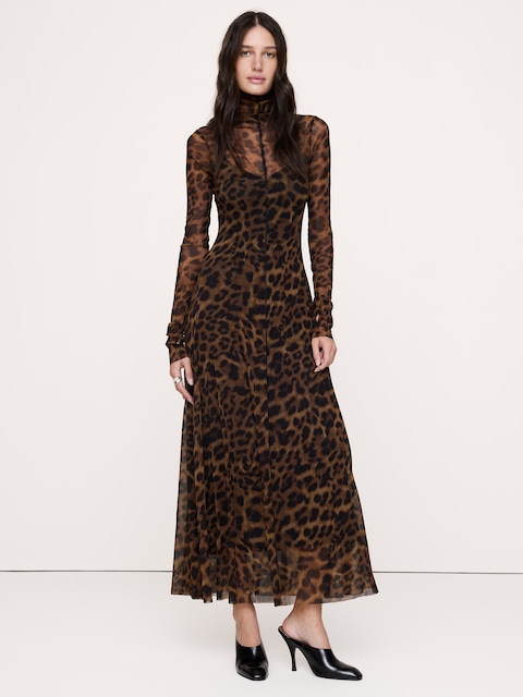 ROBE LONGUE EN TISSU À MAILLES À MANCHES LONGUES