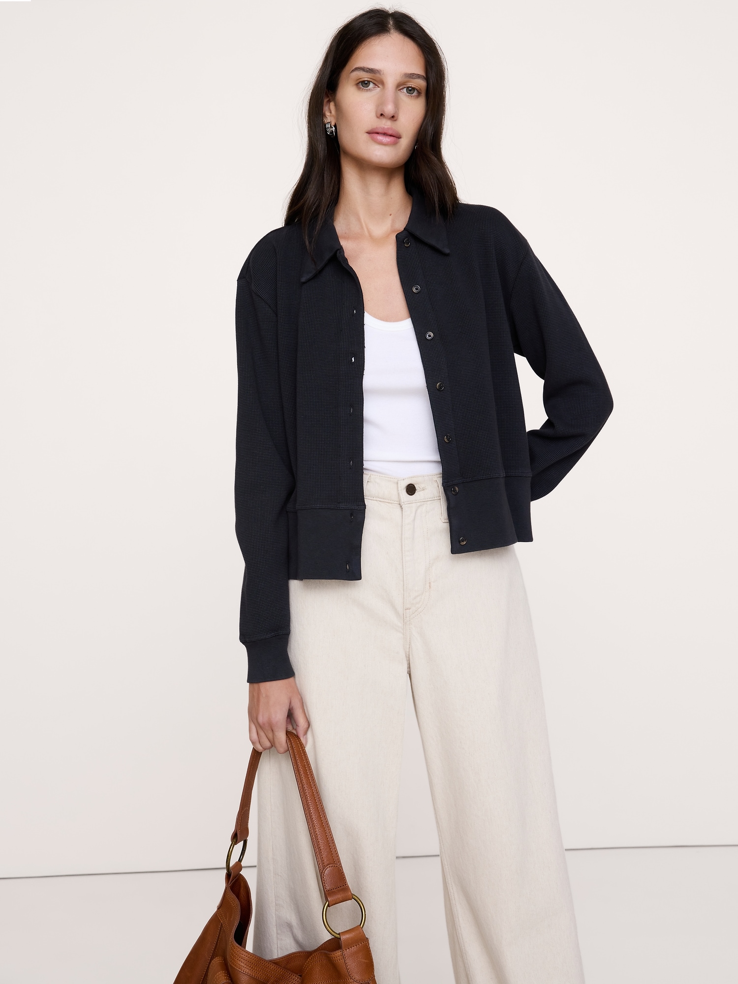 Cotton Waffle-Knit Cardigan Sweater