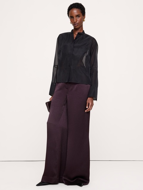 PANTALON EN SATIN TEXTURÉ À JAMBE LARGE ET TAILLE HAUTE