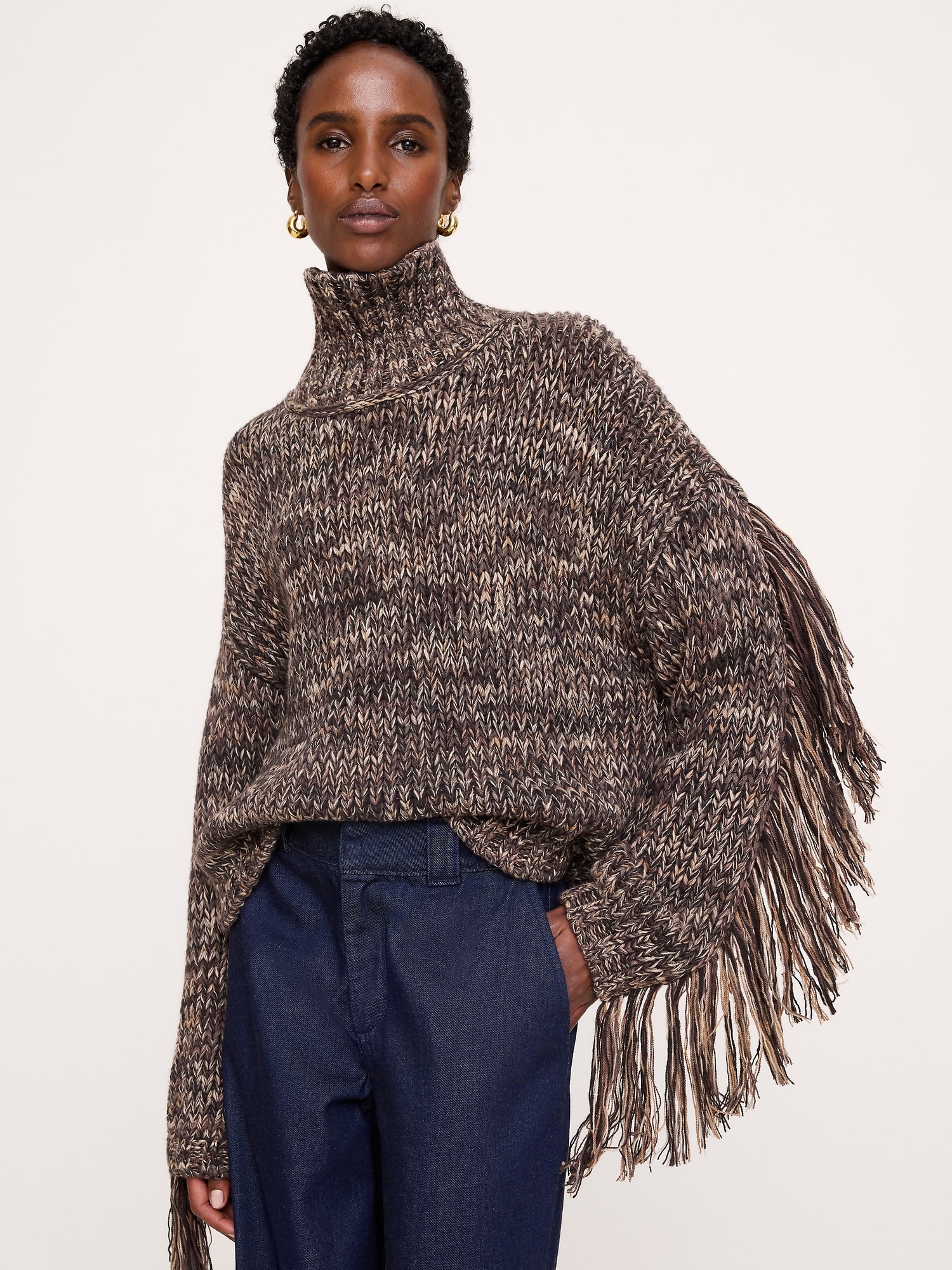 Marled Wool-Cotton Fringe Sweater