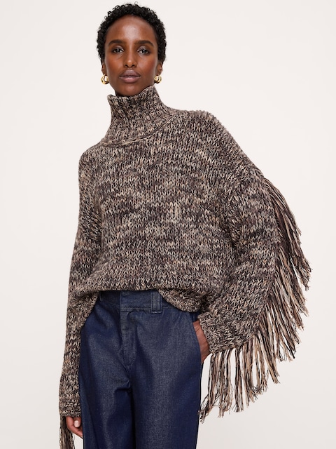 CHANDAIL À FRANGES EN MÉLANGE JASPÉ DE LAINE ET COTON