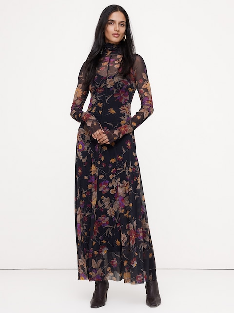 ROBE LONGUE EN TISSU À MAILLES À MANCHES LONGUES