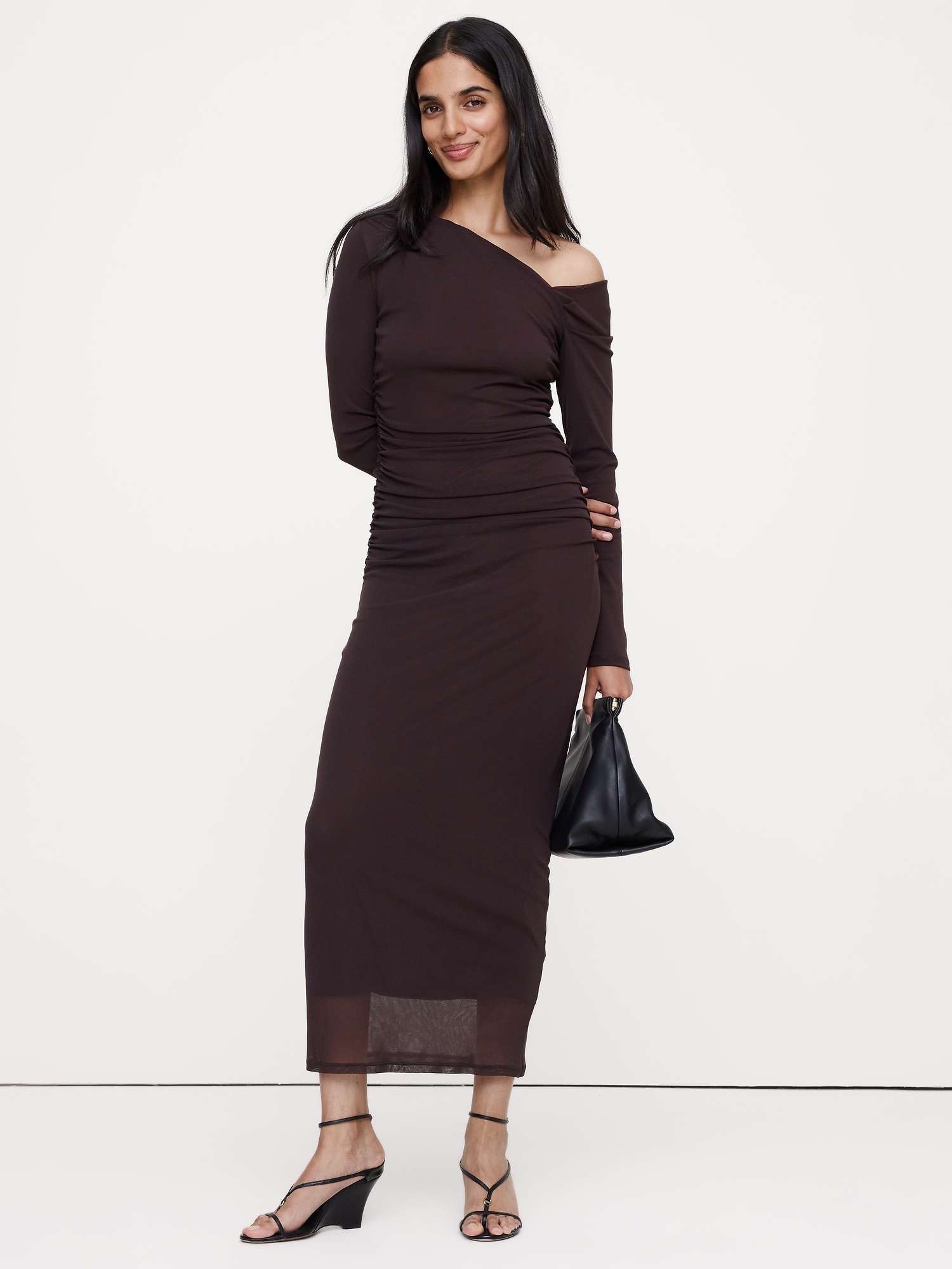 Mesh Asymmetric Ruched Maxi Dress