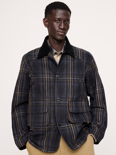 MANTEAU DE TRAVAIL À CARREAUX À COL EN VELOURS CÔTELÉ