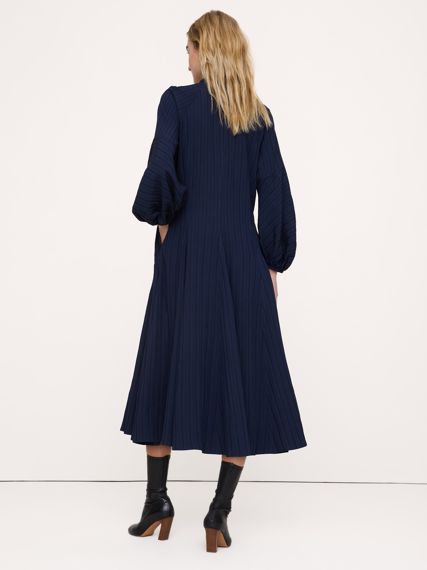 Jacquard Ruffle-Neck Peasant Dress