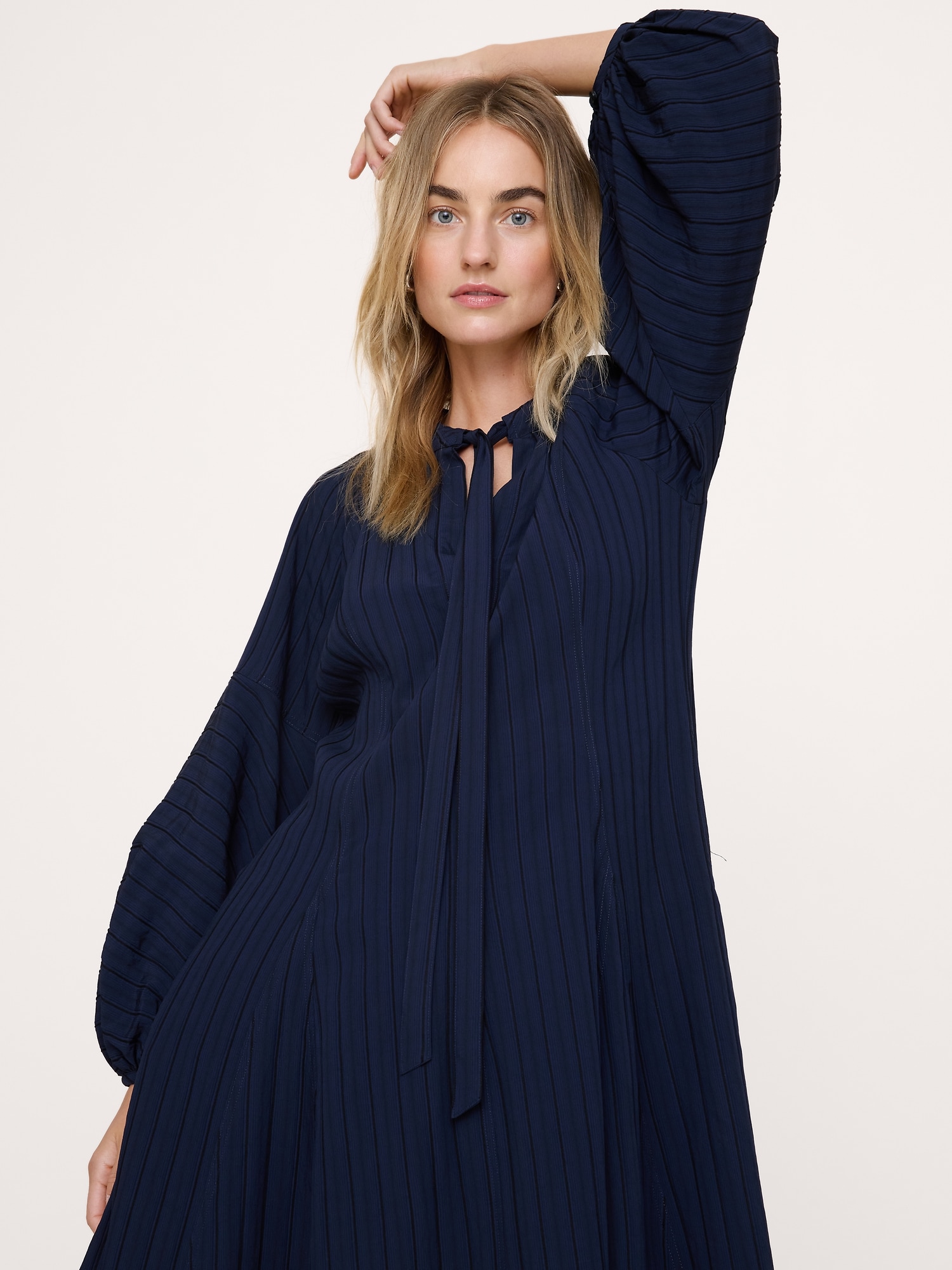 Jacquard Ruffle-Neck Peasant Dress