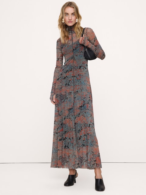 ROBE LONGUE EN TISSU À MAILLES À MANCHES LONGUES