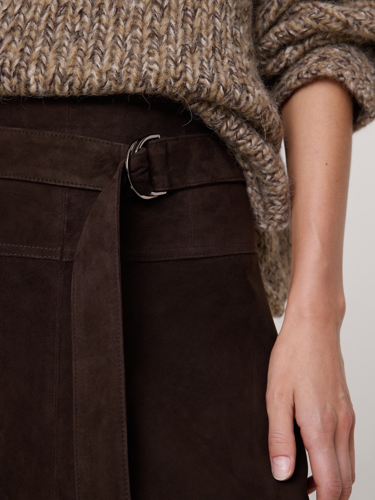 Tiered Suede Belted Midi Skirt