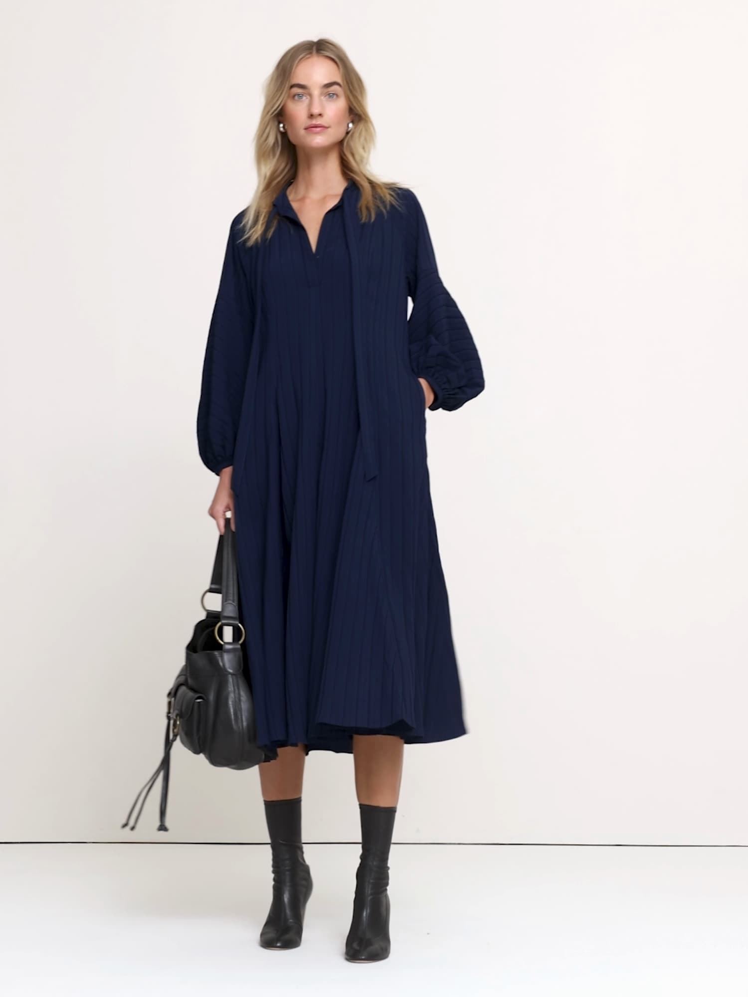 Jacquard Ruffle-Neck Peasant Dress