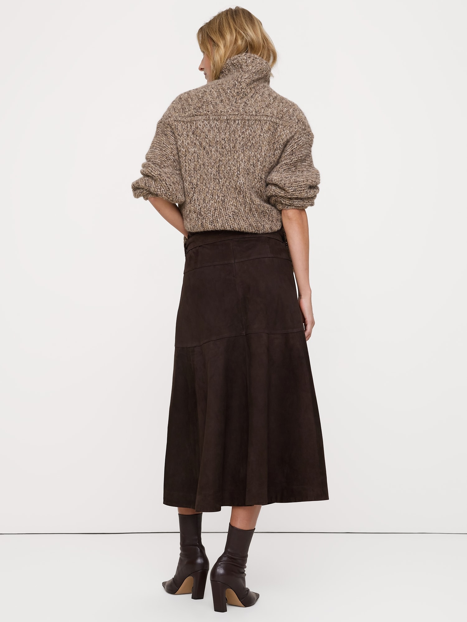 Tiered Suede Belted Midi Skirt