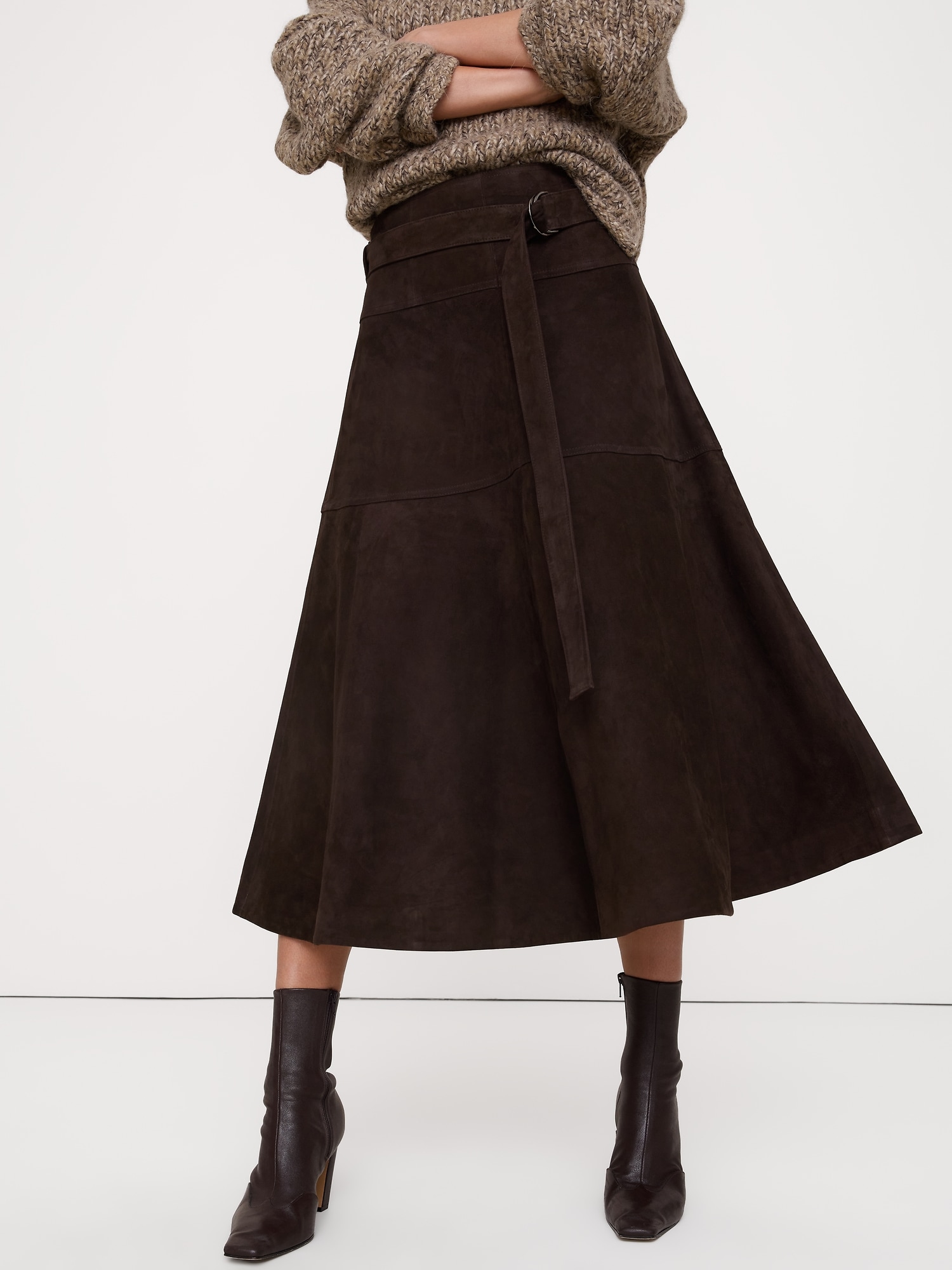 Tiered Suede Belted Midi Skirt