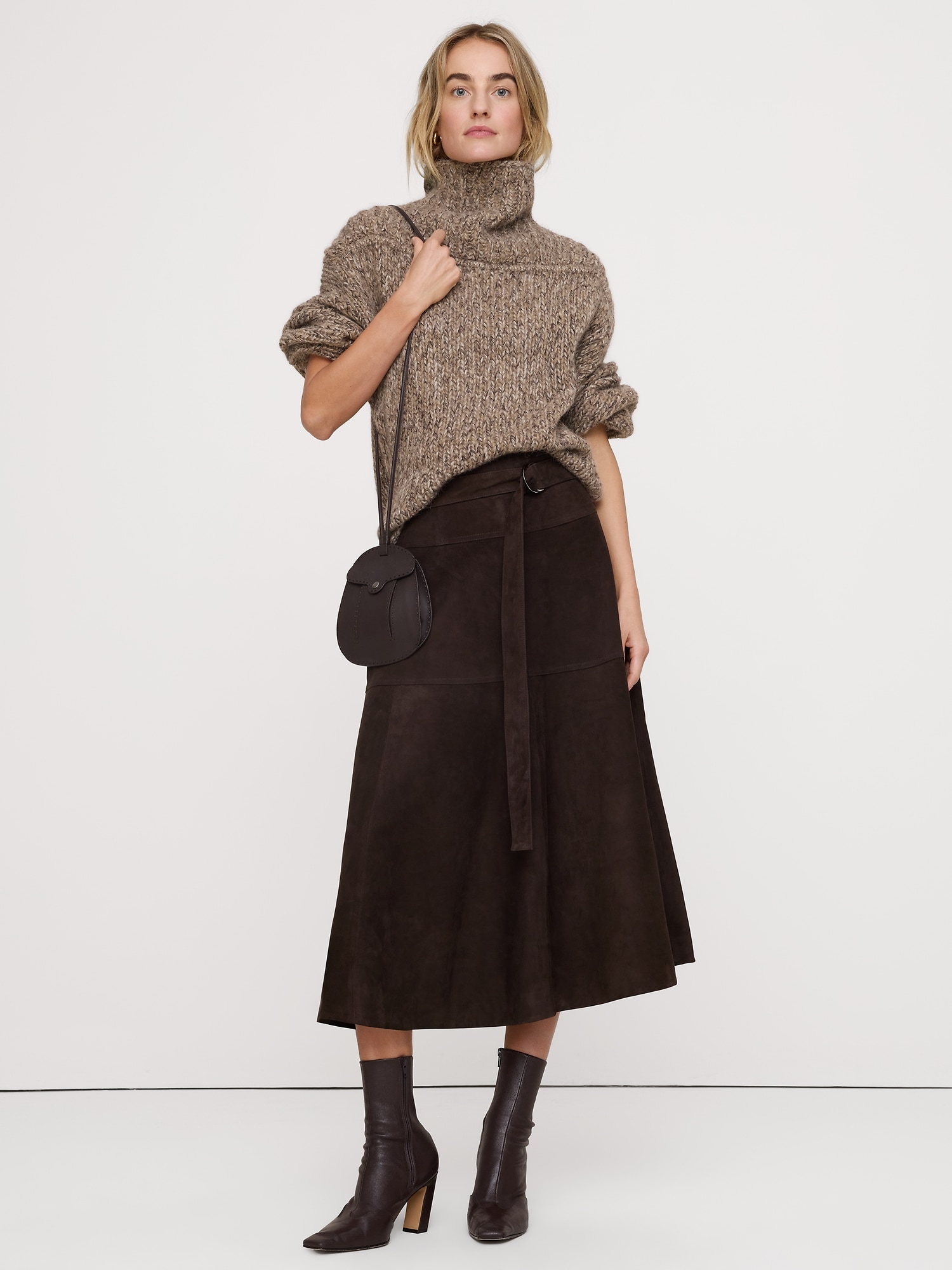 Tiered Suede Belted Midi Skirt