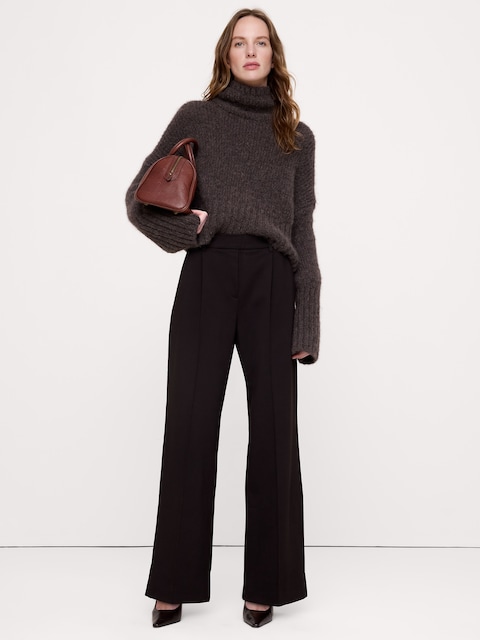 PANTALON À TAILLE HAUTE ÉLASTIQUE, JAMBE LARGE, EN TRICOT POINT DE ROME FLUIDE